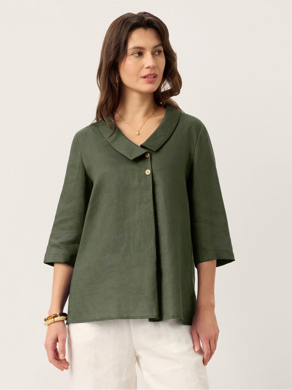 LINTICO LINEN Relaxed Olive Green Button-Front Women’s Top